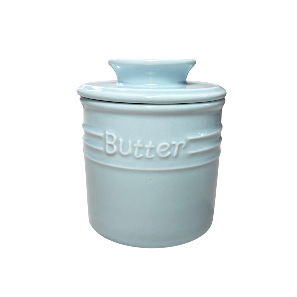 Light Blue Ceramic French Butter Bell Crock Keeper Embossed Stoneware Pastel